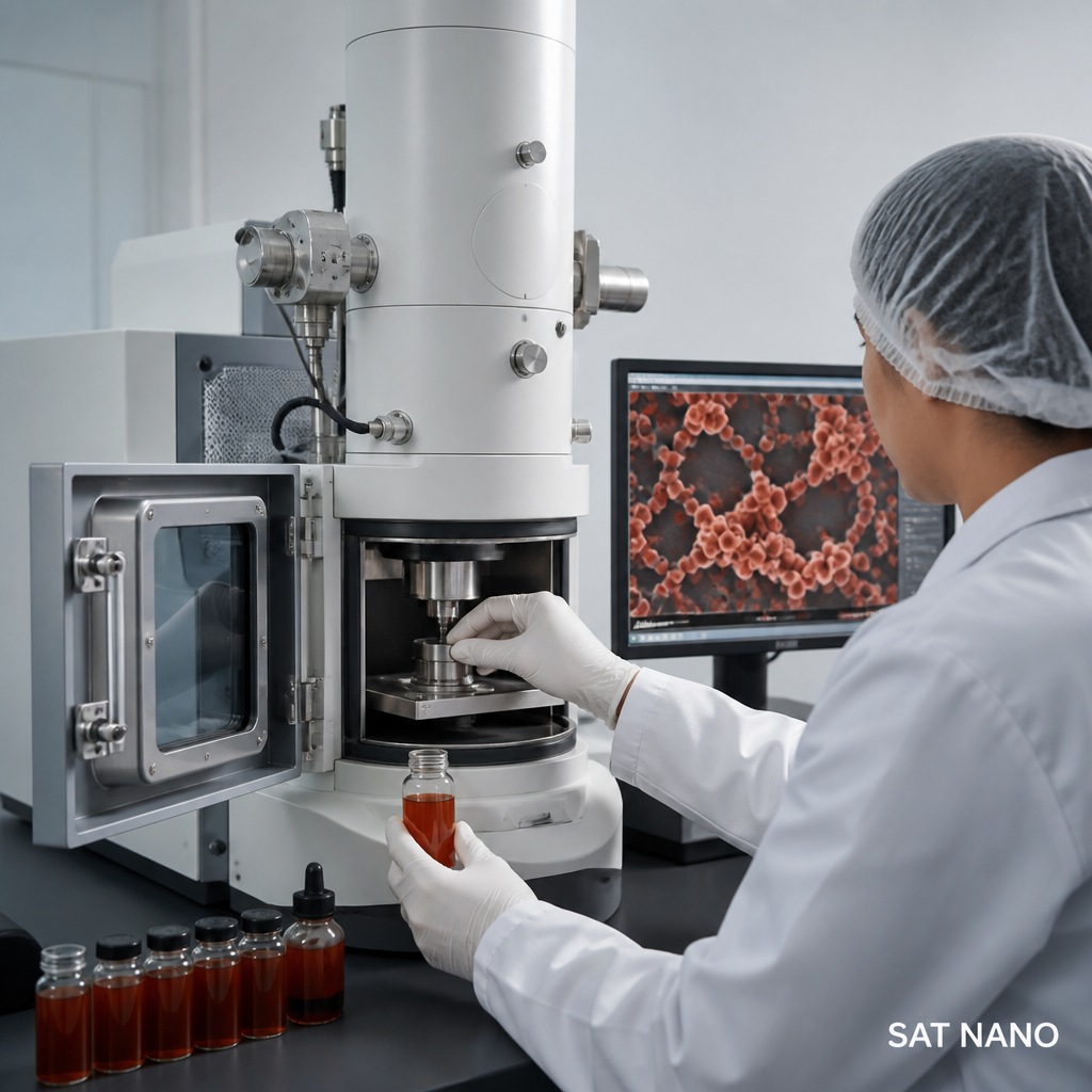 Penyerakan Fe₂O₃ (Besi(III) Oksida) Serbuk Nano dan Mikroskopi Elektron Pemerhatian — Protokol Operasi